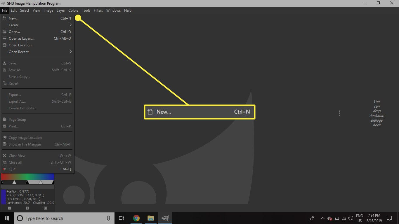Een screenshot van GIMP met de opdracht Nieuw gemarkeerd