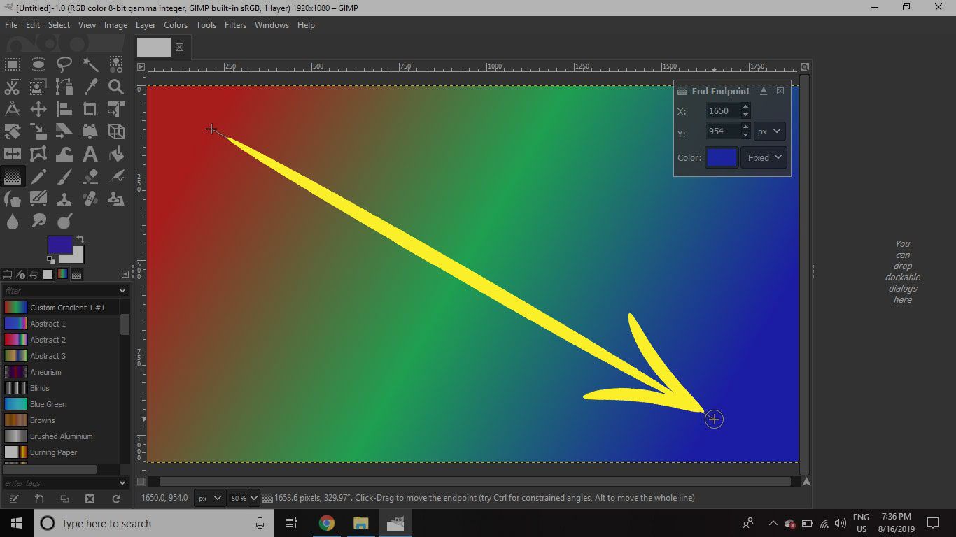 Een screenshot van GIMP met de Blend-tool die een verloop toepast