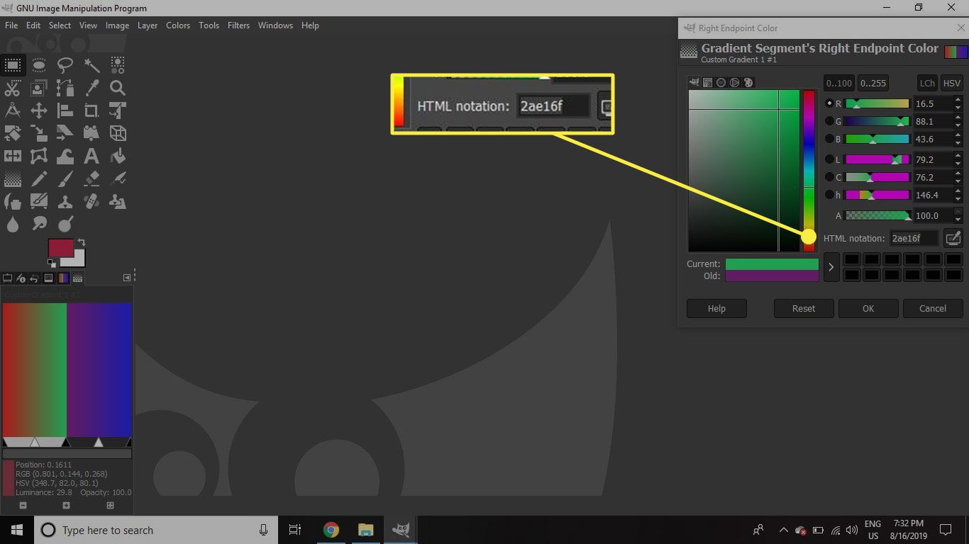 Een screenshot van GIMP met de HTML-notatie voor een gemarkeerde kleur