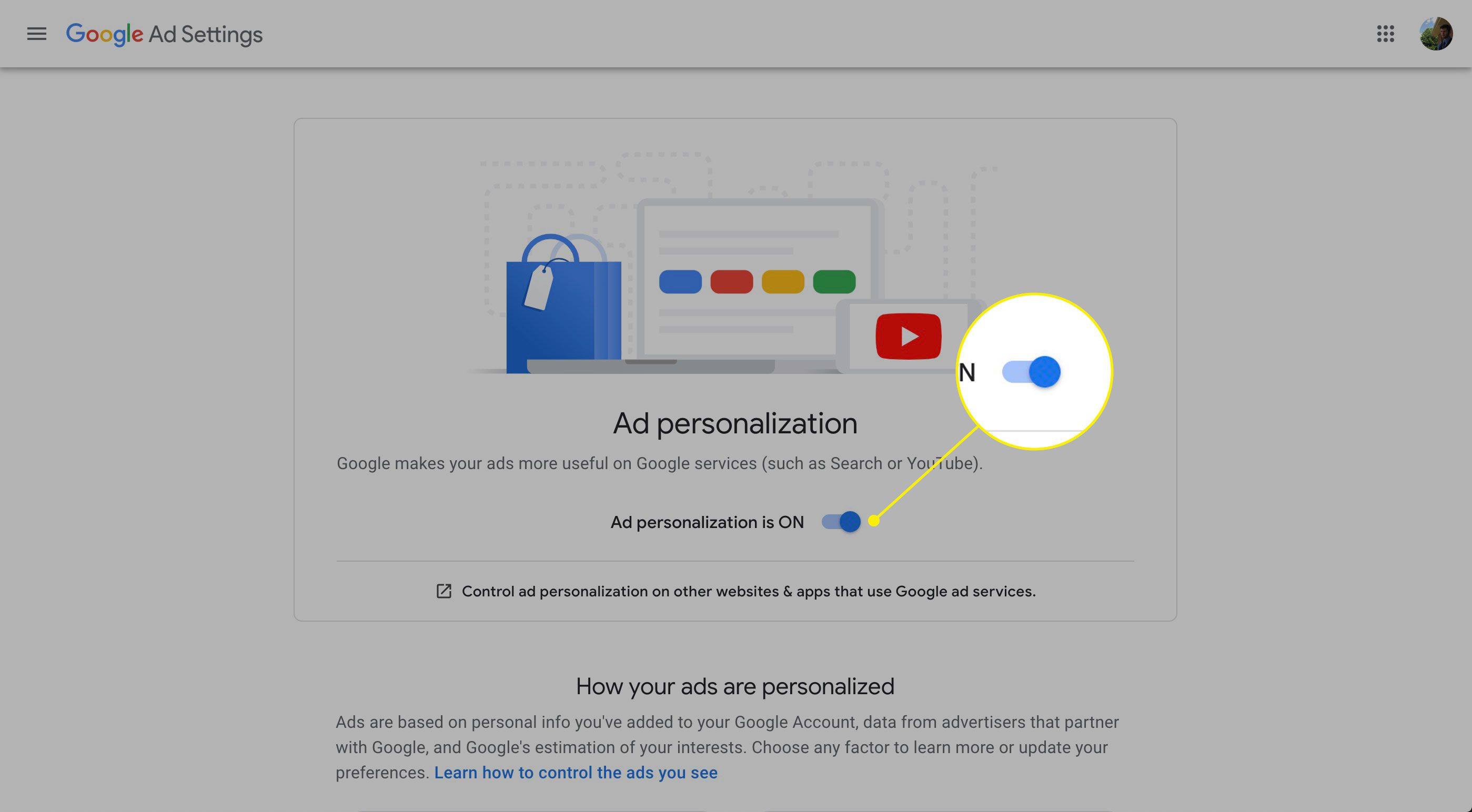 De schakelaar voor advertentiepersonalisatie in Google Advertentie-instellingen