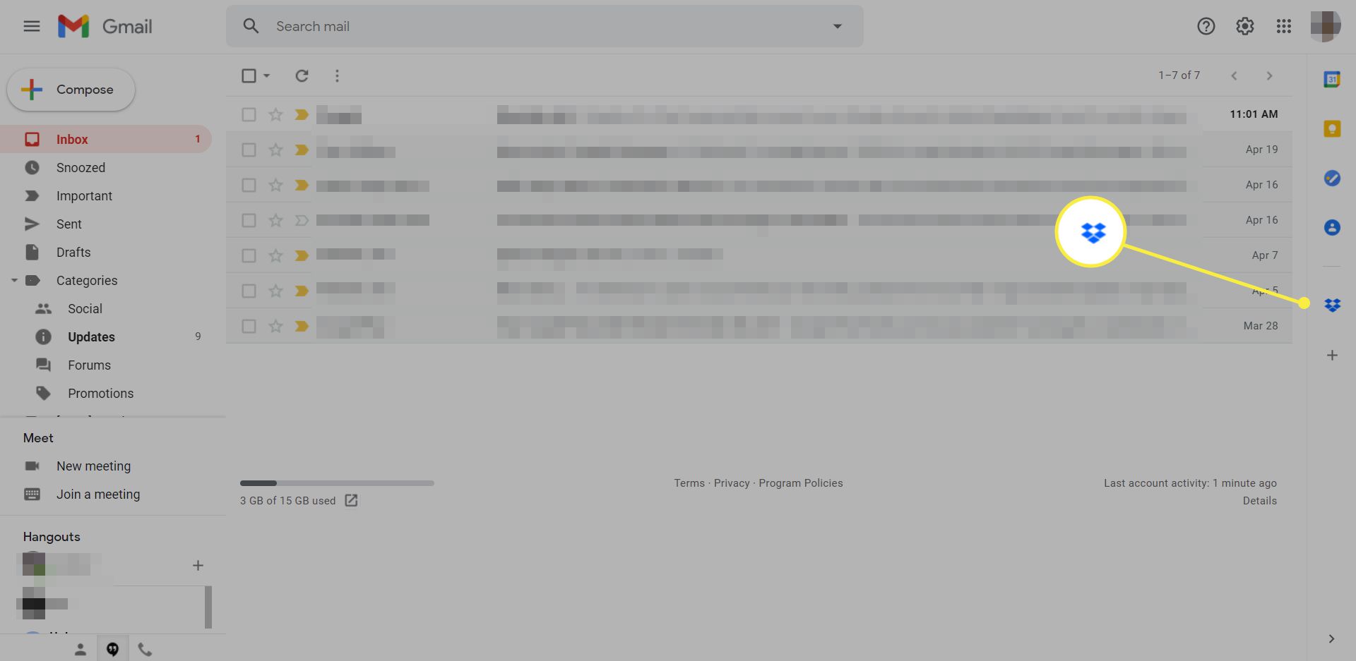 Het Dropbox voor Gmail-add-onpictogram in een Gmail-inbox
