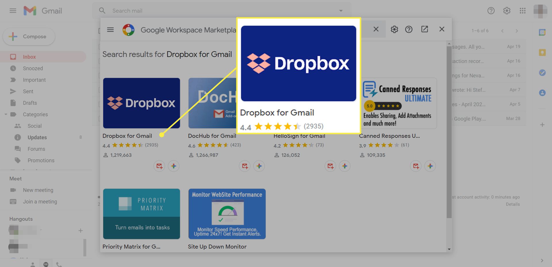 Een Gmail-gebruiker zoekt naar de Dropbox-add-on
