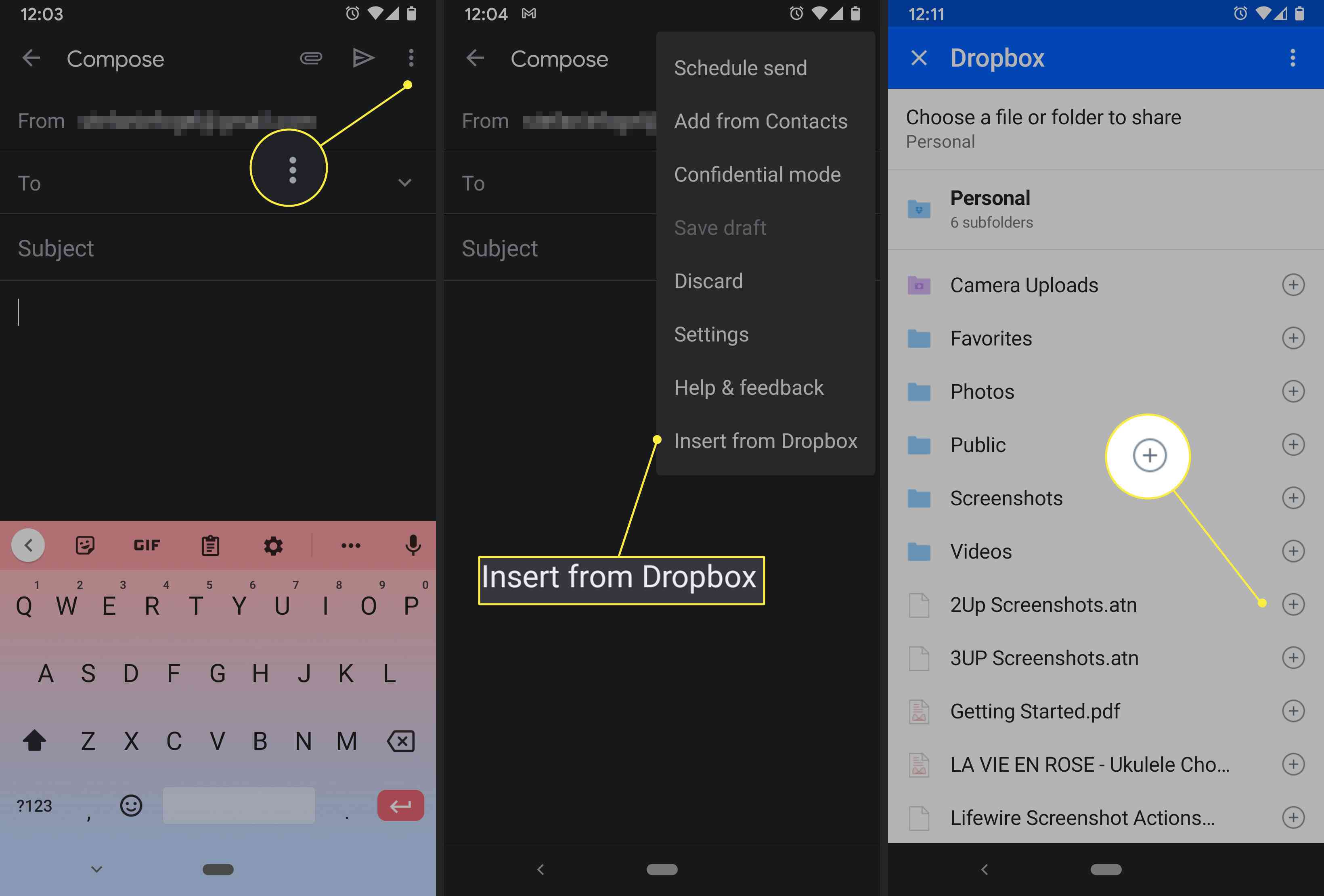 Een Android-gebruiker voegt een Dropbox-bestand toe aan een nieuw Gmail-bericht