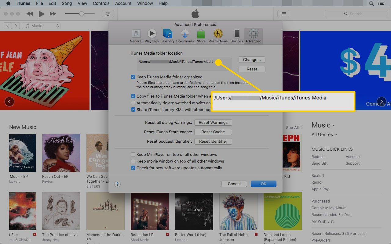 iTunes Advanced-voorkeuren met de locatie van de mediamap gemarkeerd