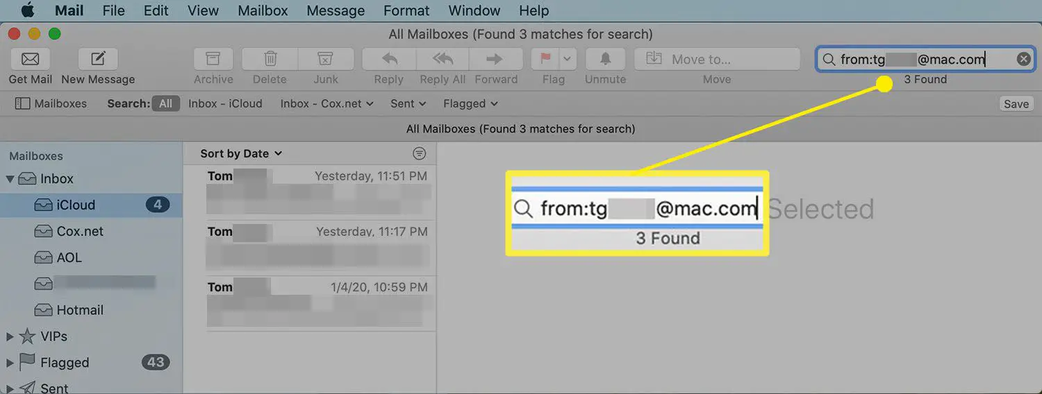 zoekresultaten voor een e-mailadres in Mail op een Mac