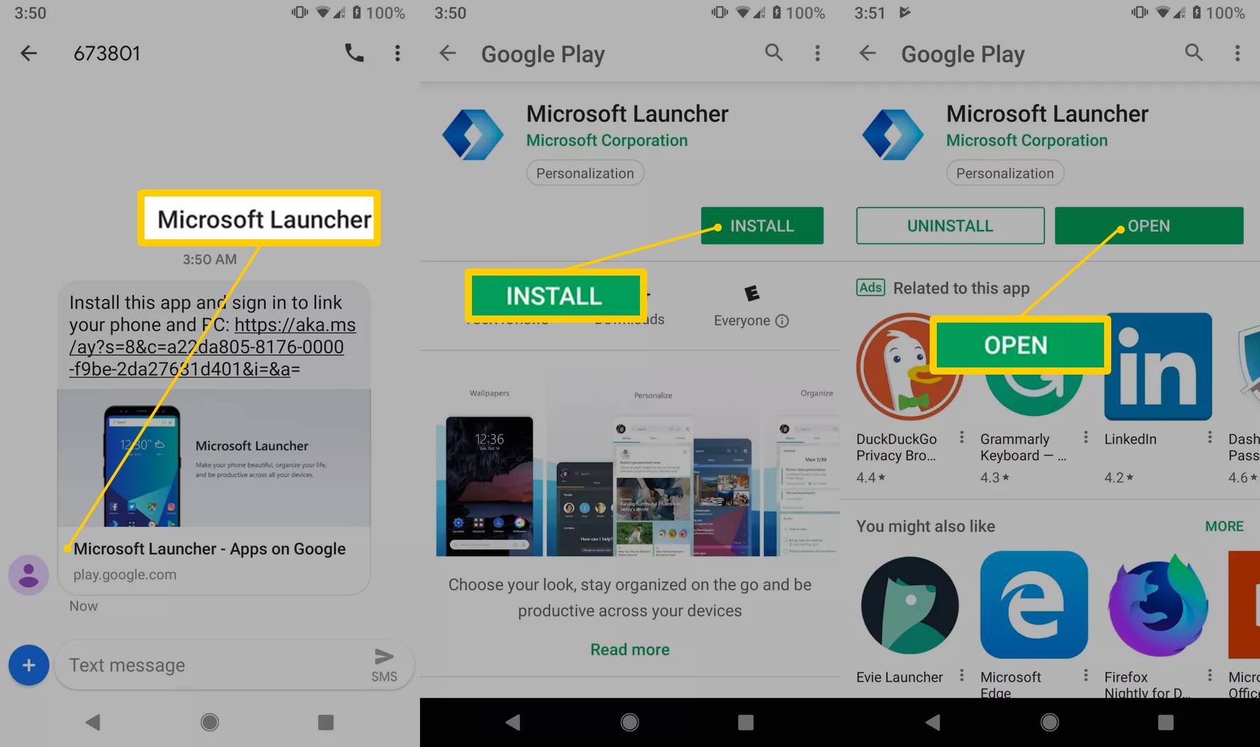Launcher, Installeren, Open-knoppen in Google Play