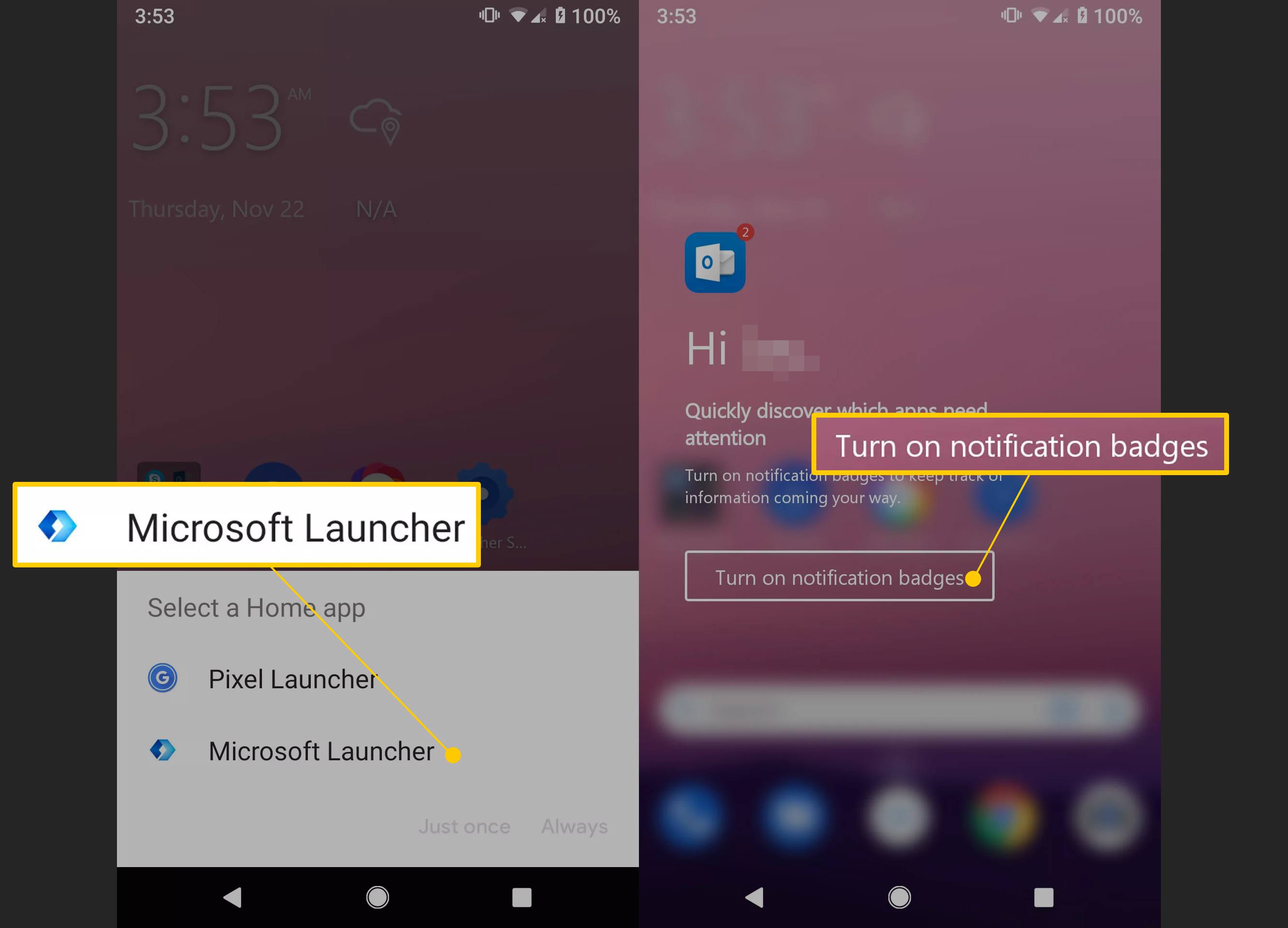 Microsoft Launcher, schakel meldingsbadges in op Android