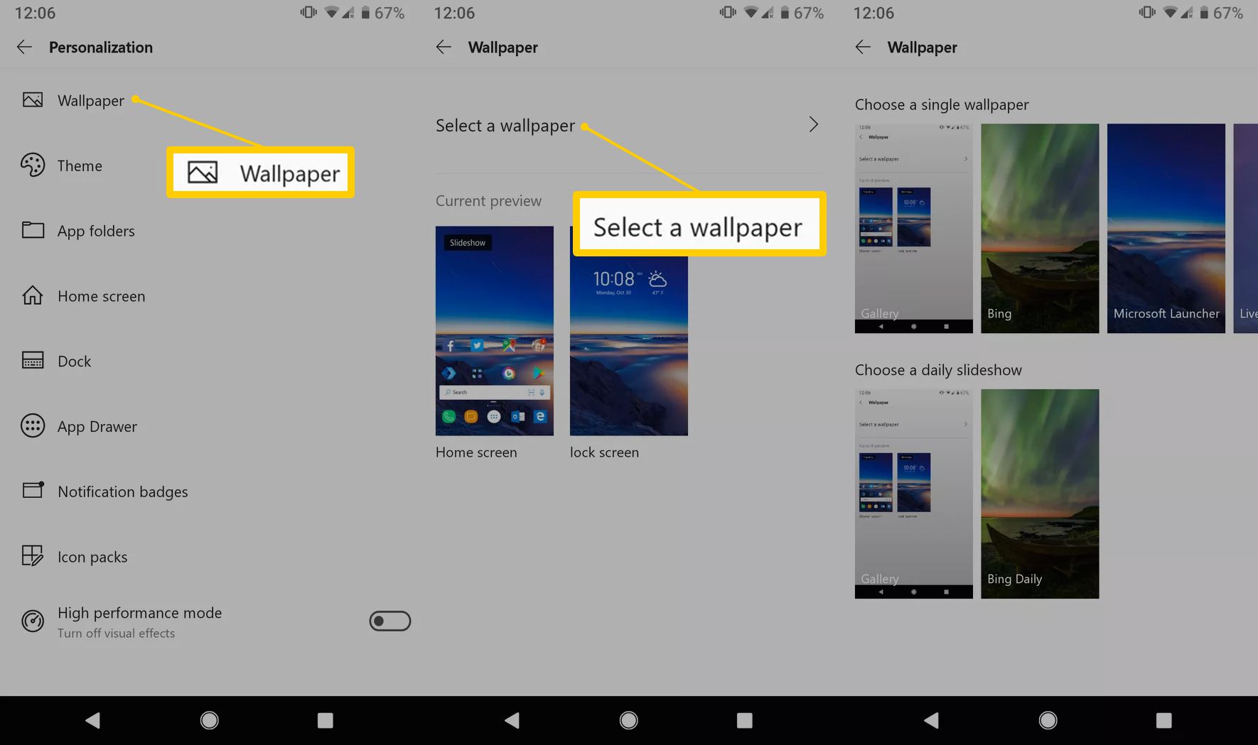 Achtergrond, Selecteer een achtergrondknoppen op Android