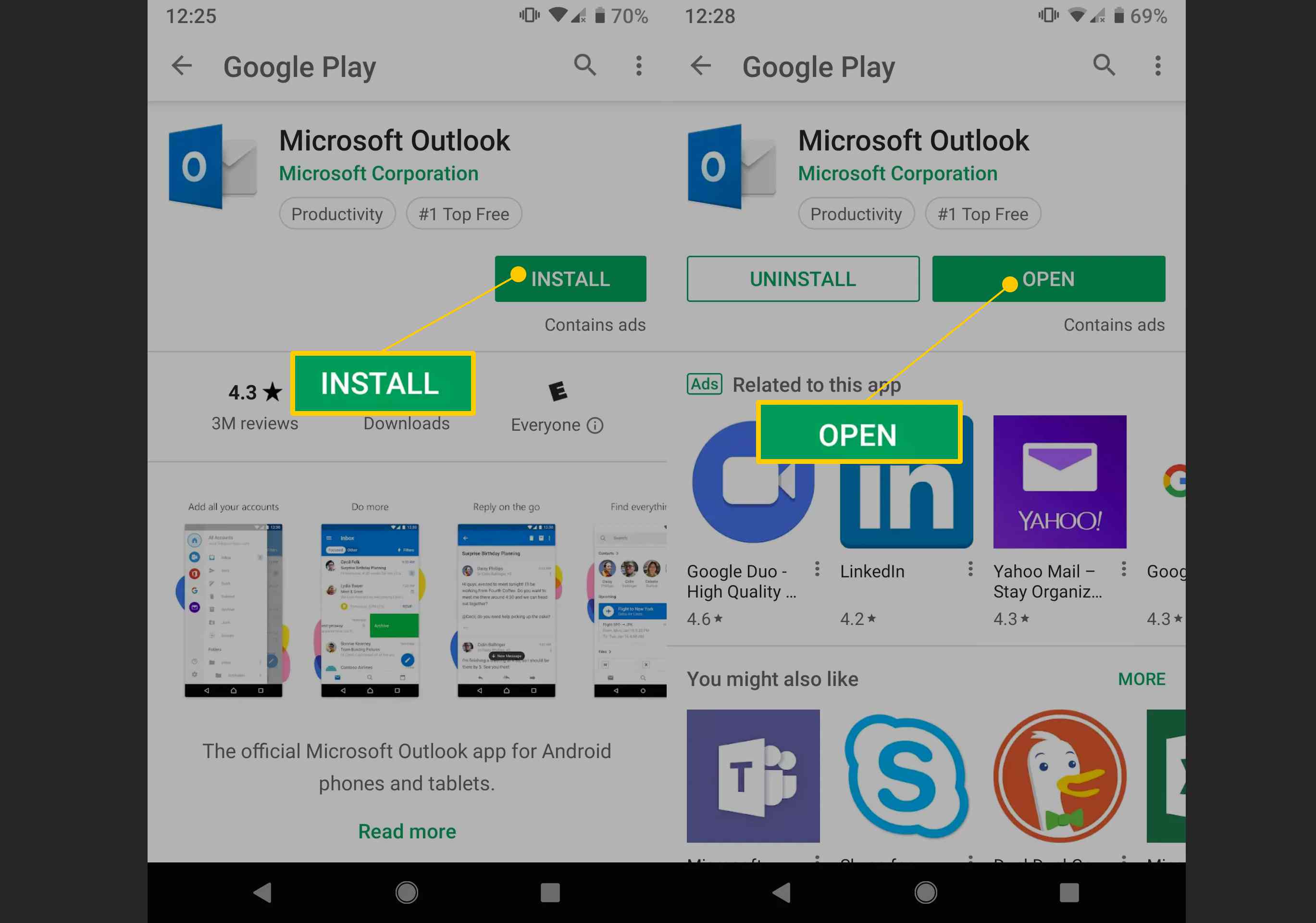 Knoppen Installeren en Openen in Google Play voor Microsoft-apps