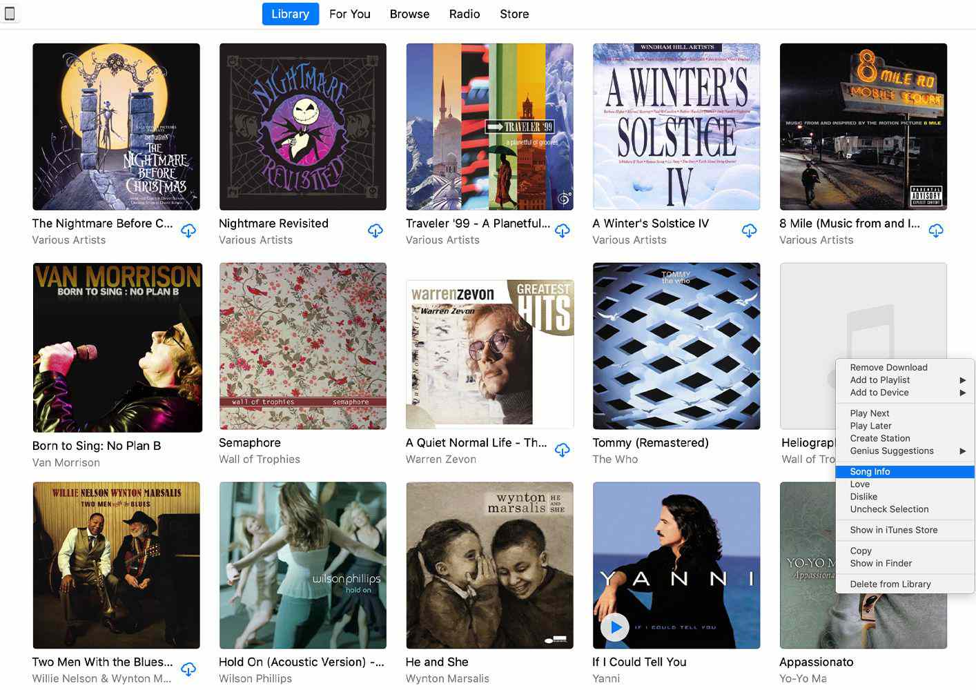 iTunes-bibliotheek met een nummer zonder albumhoes