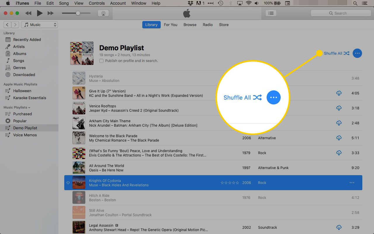 Shuffle Alles-knop in iTunes