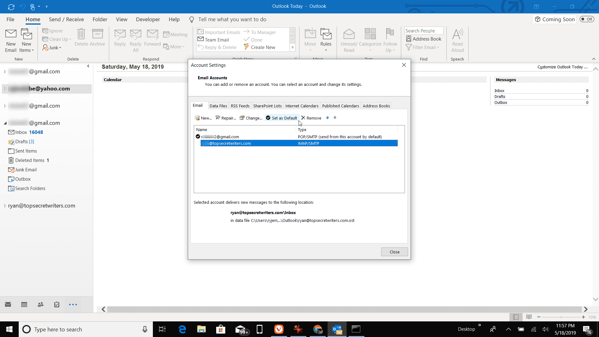 Screenshot van het instellen van het standaard verzendaccount in Outlook