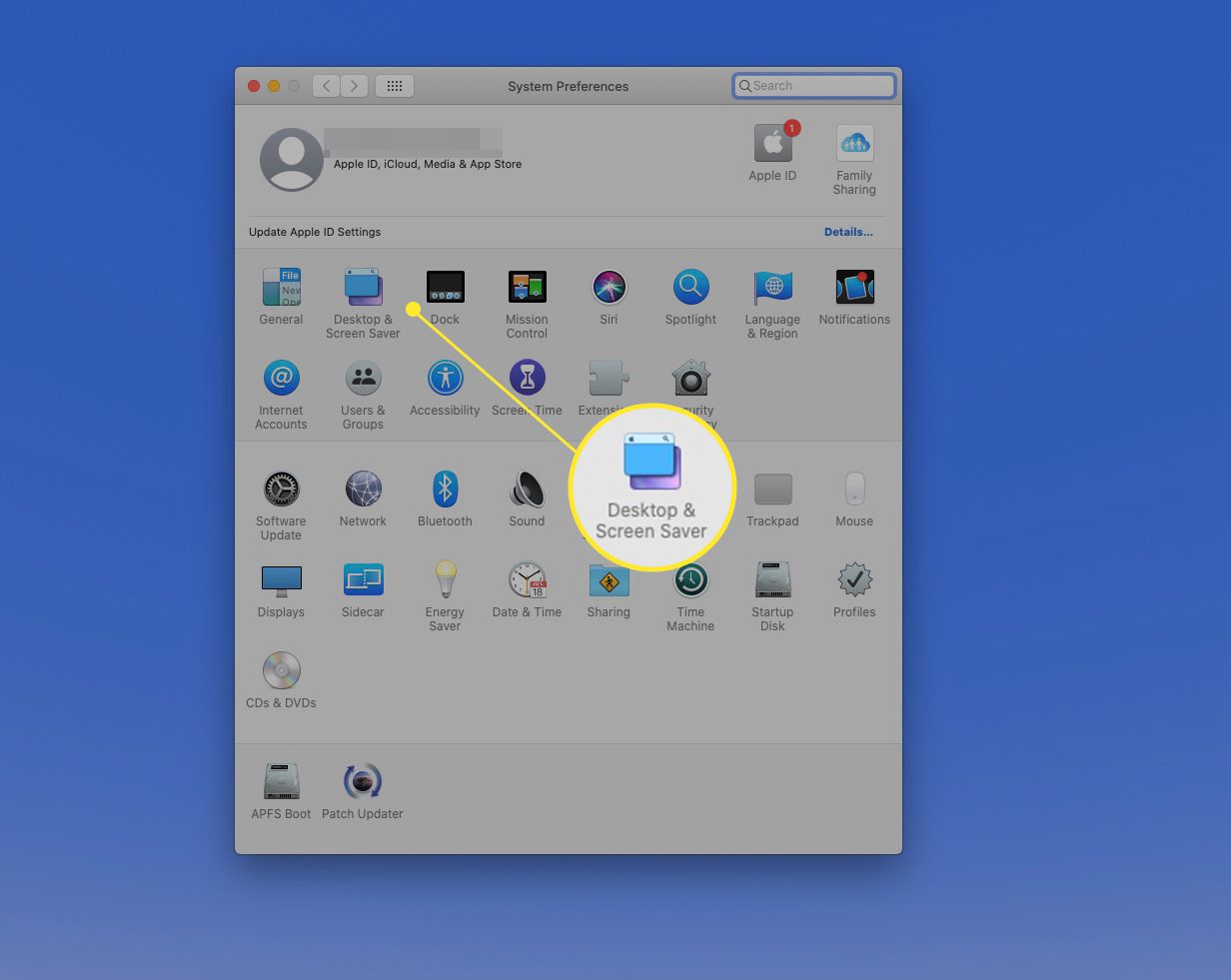 Systeemvoorkeuren met "Desktop and Screen Saver" gemarkeerd