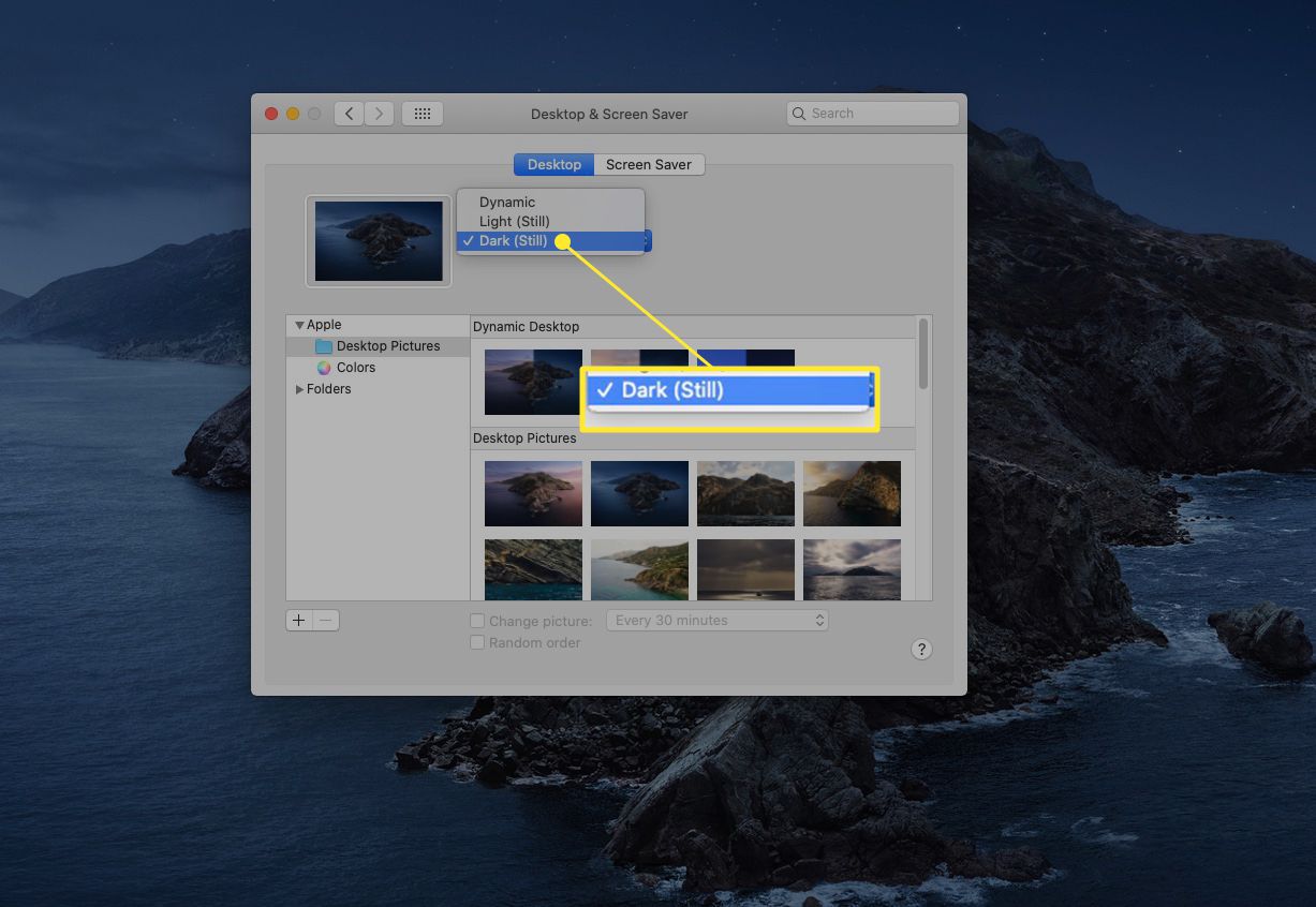"Donker stil" gemarkeerd naast de afbeeldingsminiatuur in het paneel Desktop en Screen Saver