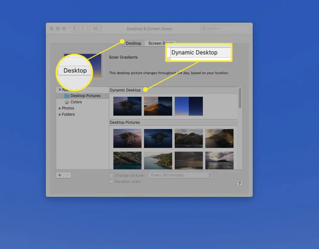 Desktop- en Screensaver-paneel met "Desktop" en "Dynamic Desktop" gemarkeerd