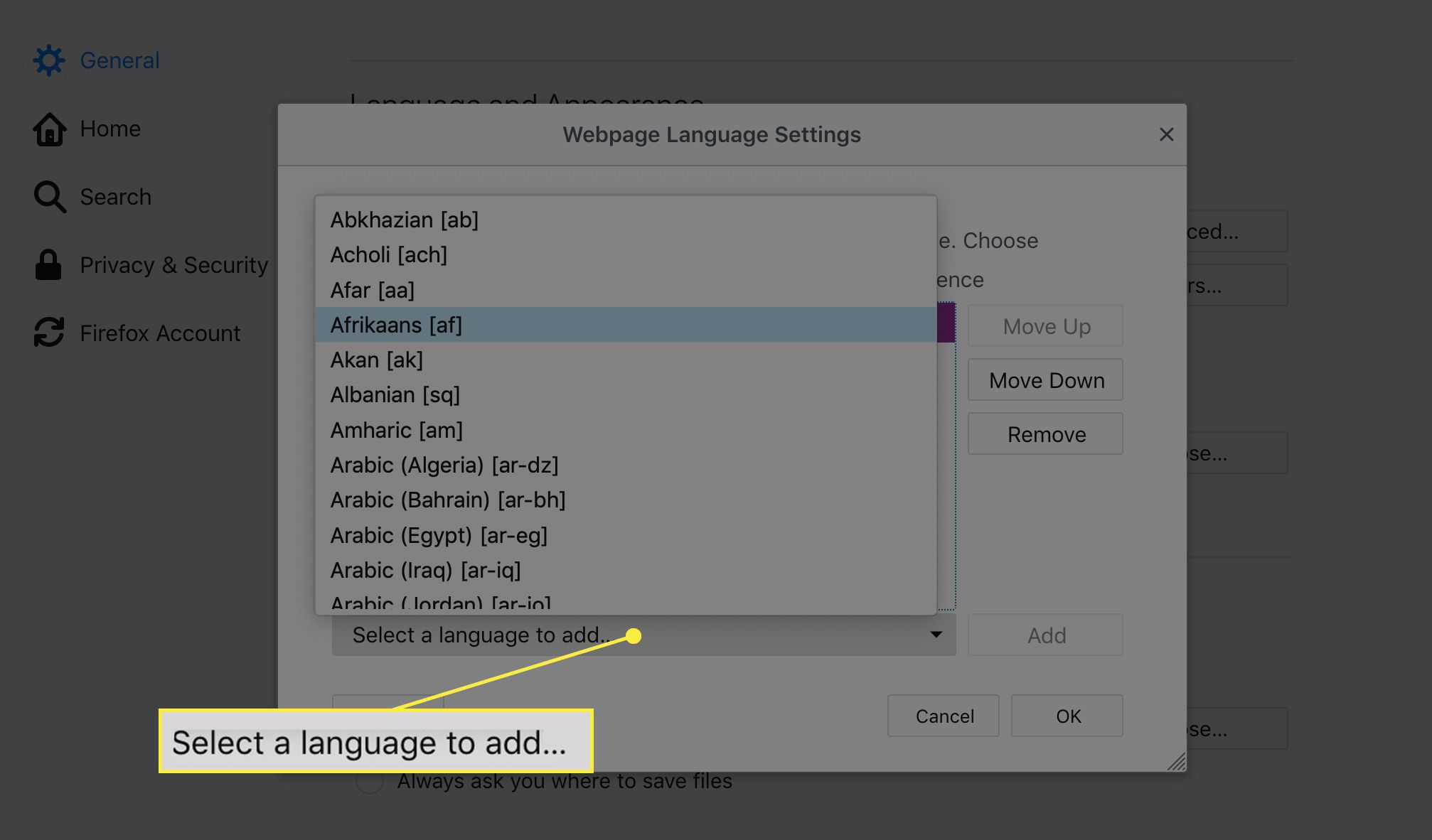 De knop "Selecteer een taal om toe te voegen"