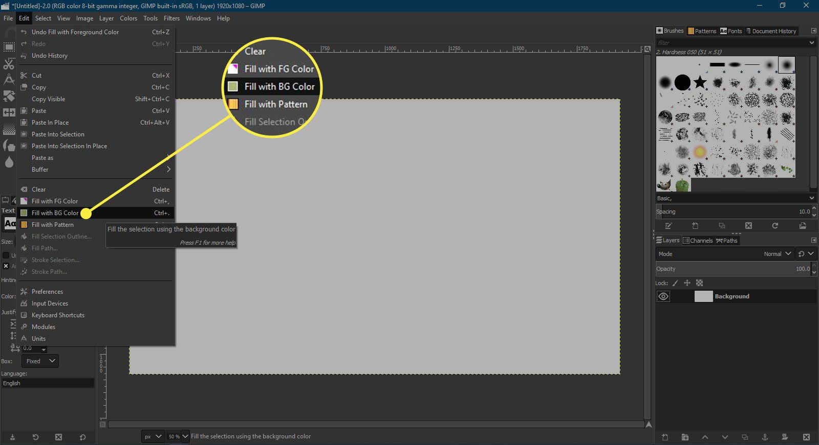 Een screenshot van GIMP met de opdracht Vullen met BG-kleur gemarkeerd