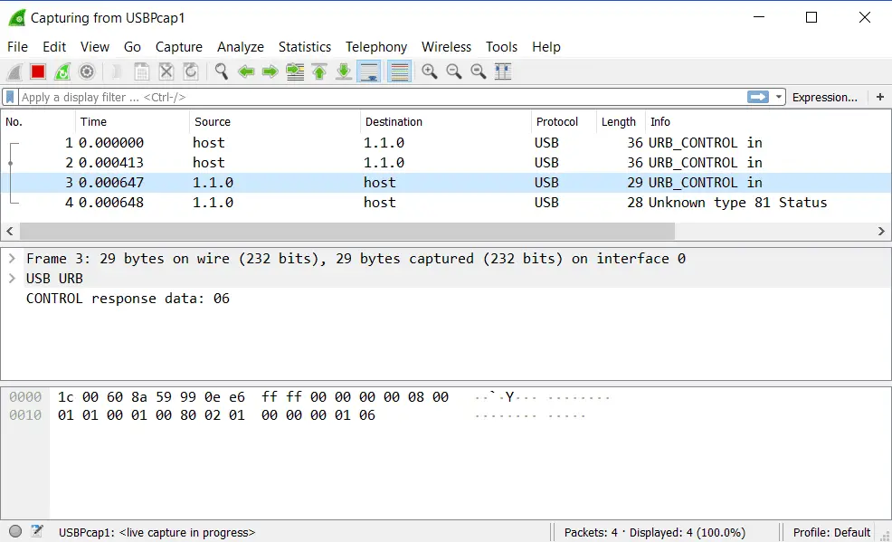 Screenshot van de Wireshark-netwerksniffer.