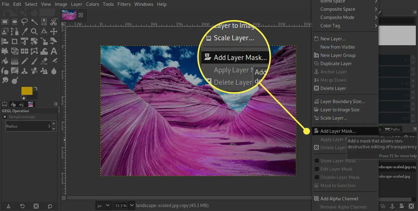 Een screenshot van GIMP met de opdracht Laagmasker toevoegen gemarkeerd
