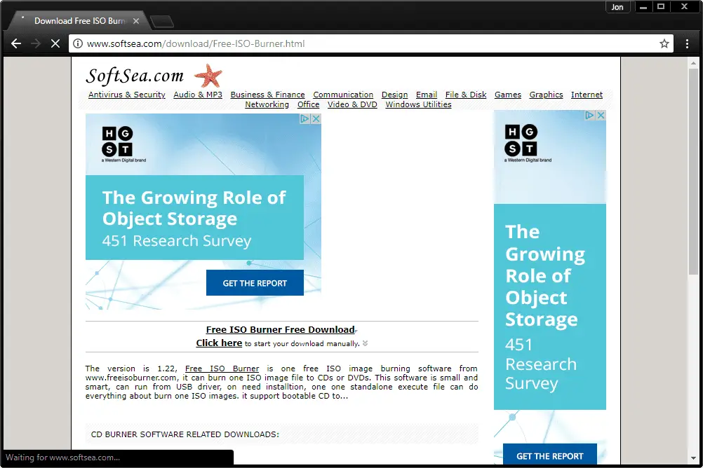 Screenshot van de SoftSea.com-downloadpagina voor gratis ISO-brander