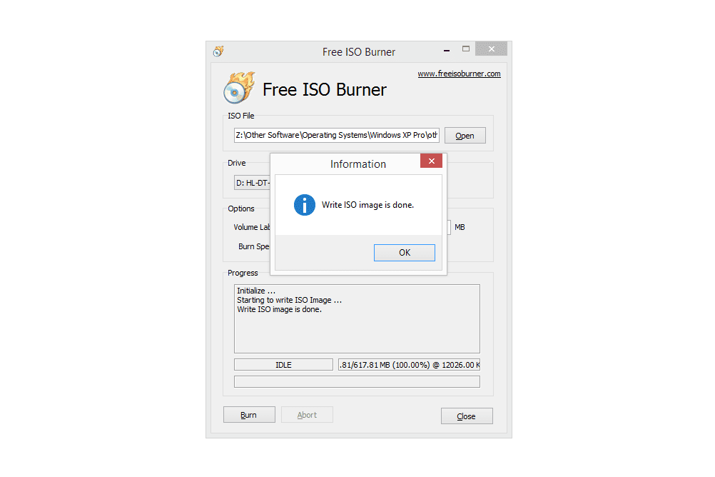 Screenshot van een geslaagde schijfschrijven in Free ISO Burner