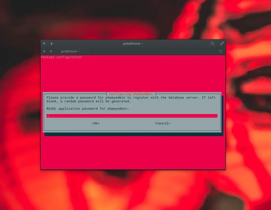 Screenshot van het aanmaken van een wachtwoord voor de phpMyAdmin-installatie.
