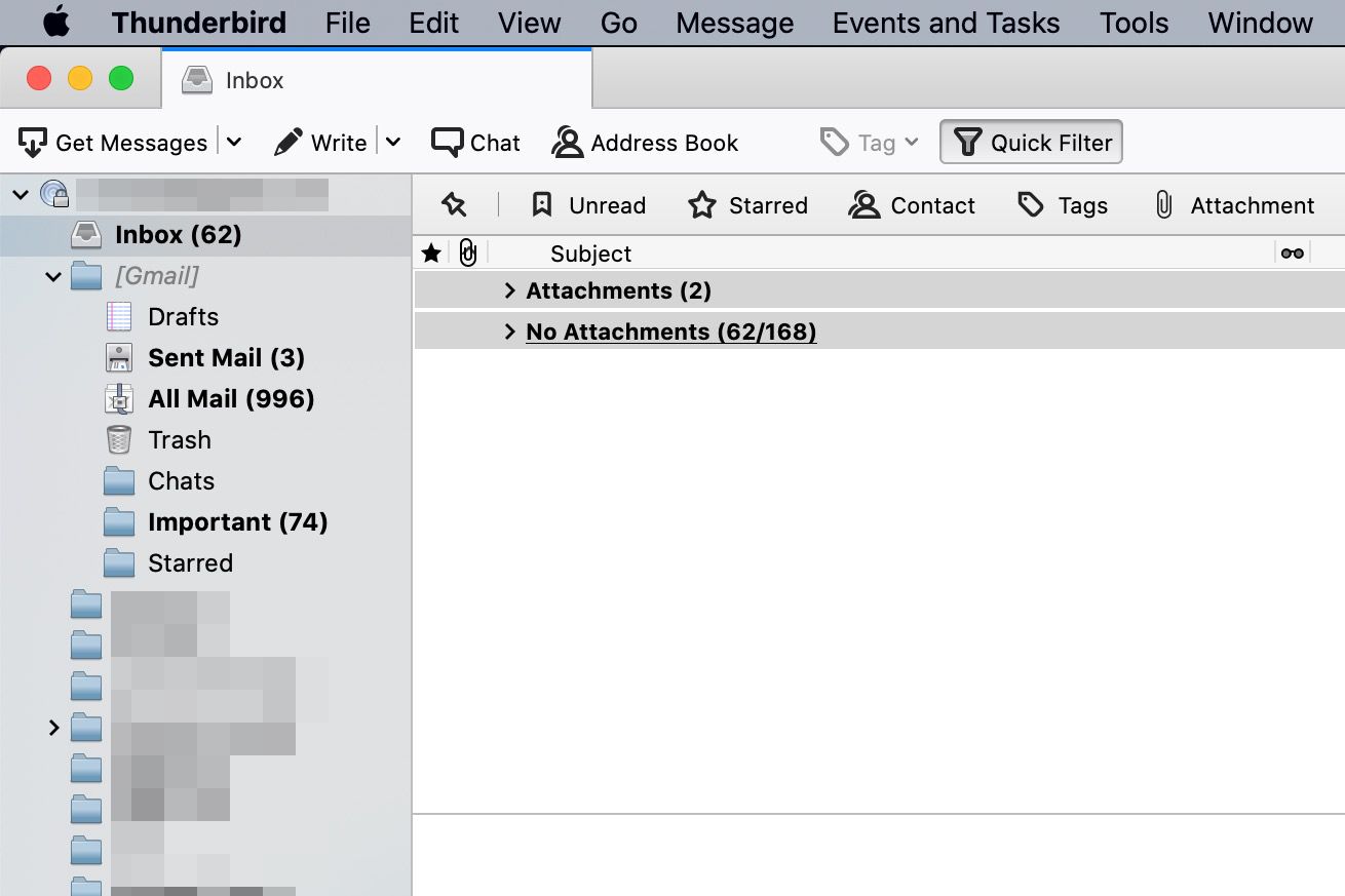 Thunderbird-e-mail, gesorteerd en gegroepeerd op Bijlagen/Geen Bijlagen