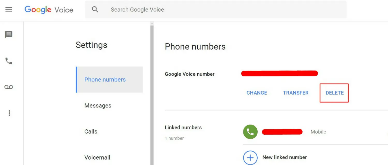 De knop Verwijderen om een ​​telefoonnummer in Google Voice-screenshot te verwijderen