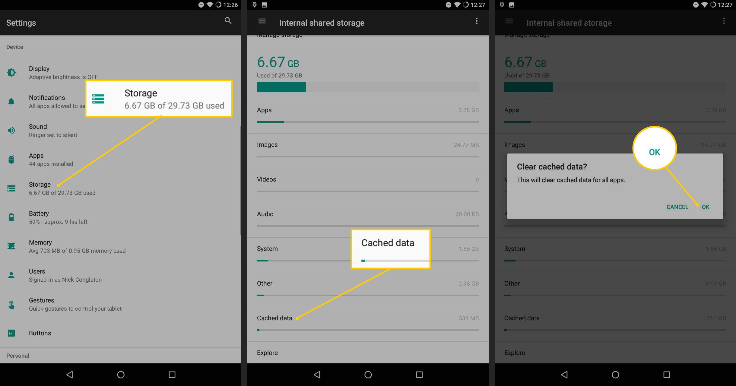 Opslag, gegevens in cache en OK-knop in Android-instellingen