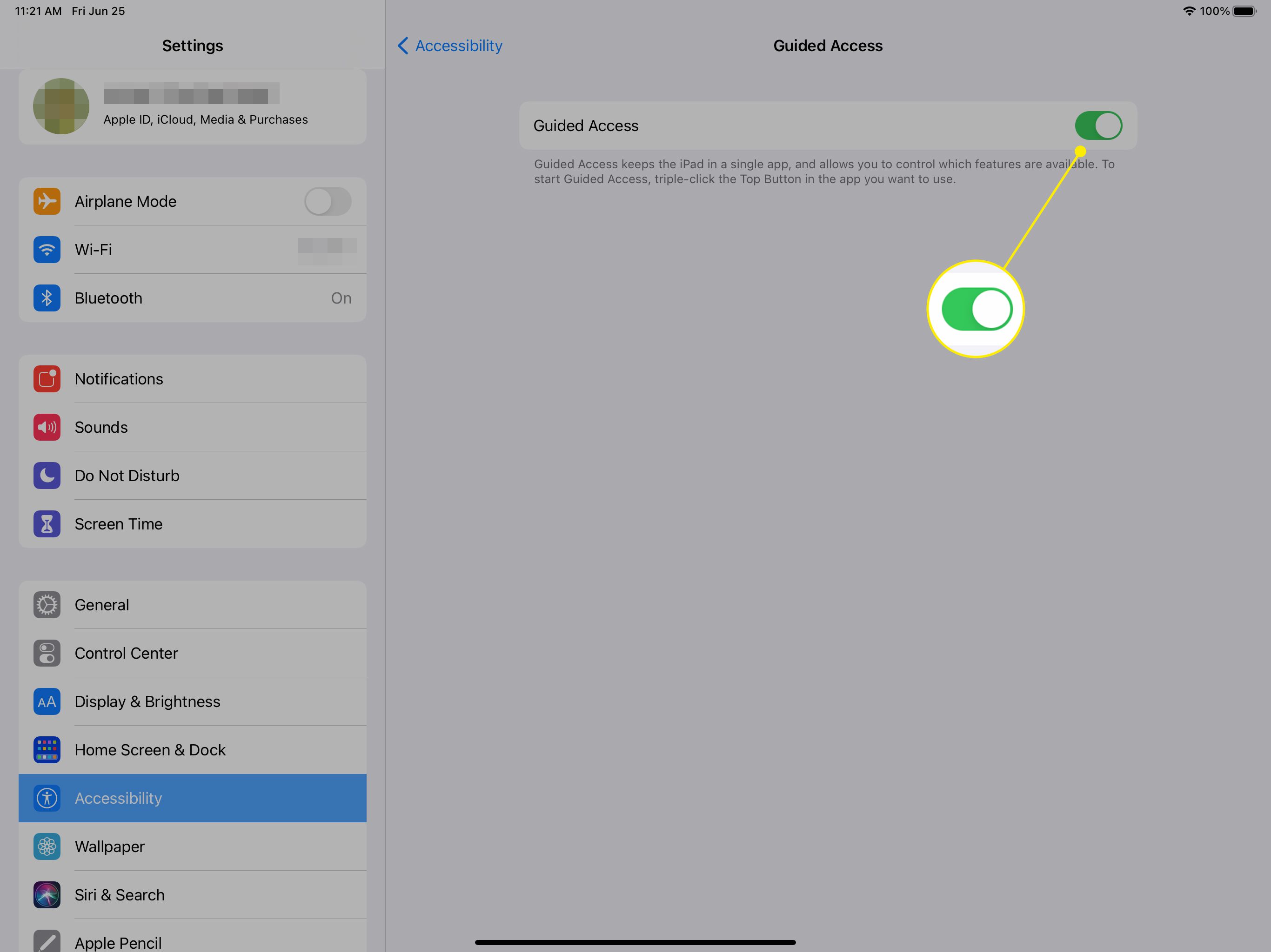 iPad Guided Access-instelling met schuifregelaar in de Aan-positie