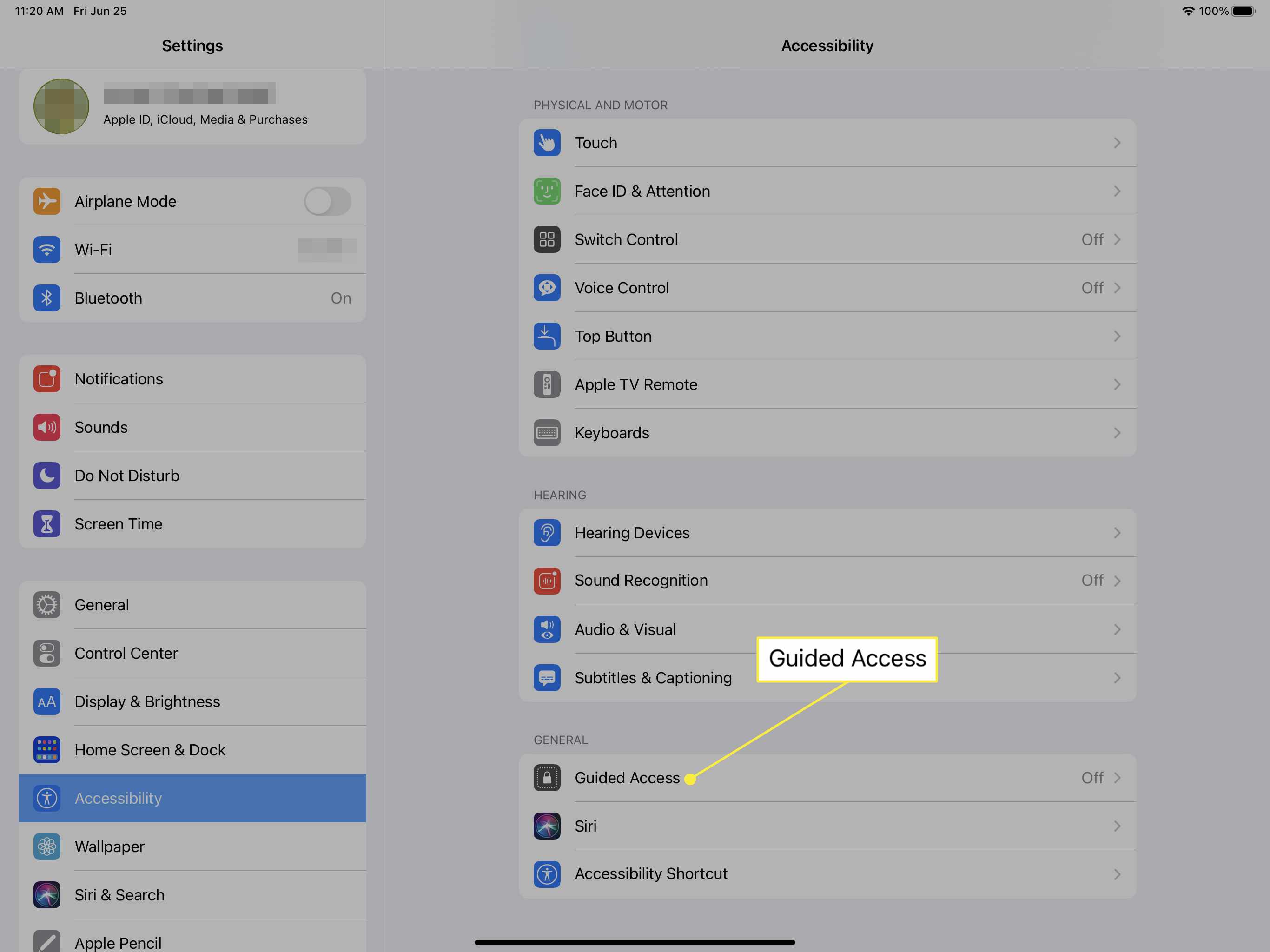 Toegankelijkheidsinstellingen iPad met Begeleide toegang gemarkeerd