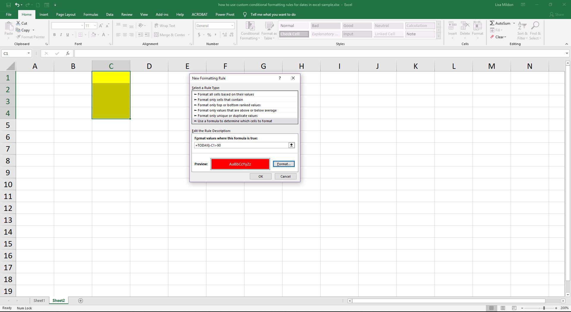 Excel-screenshot met de opties voor een nieuwe regel