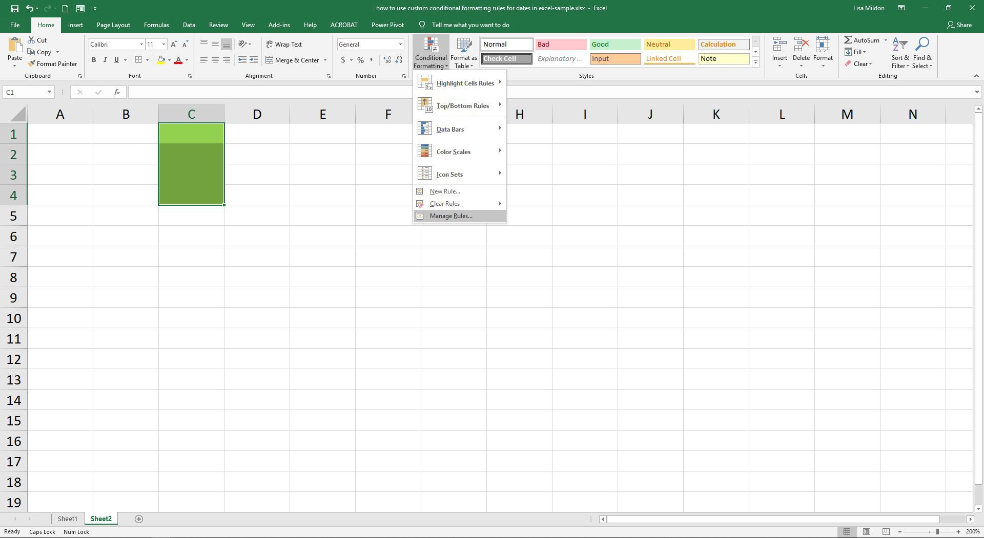 Excel-screenshot met de optie Regels beheren