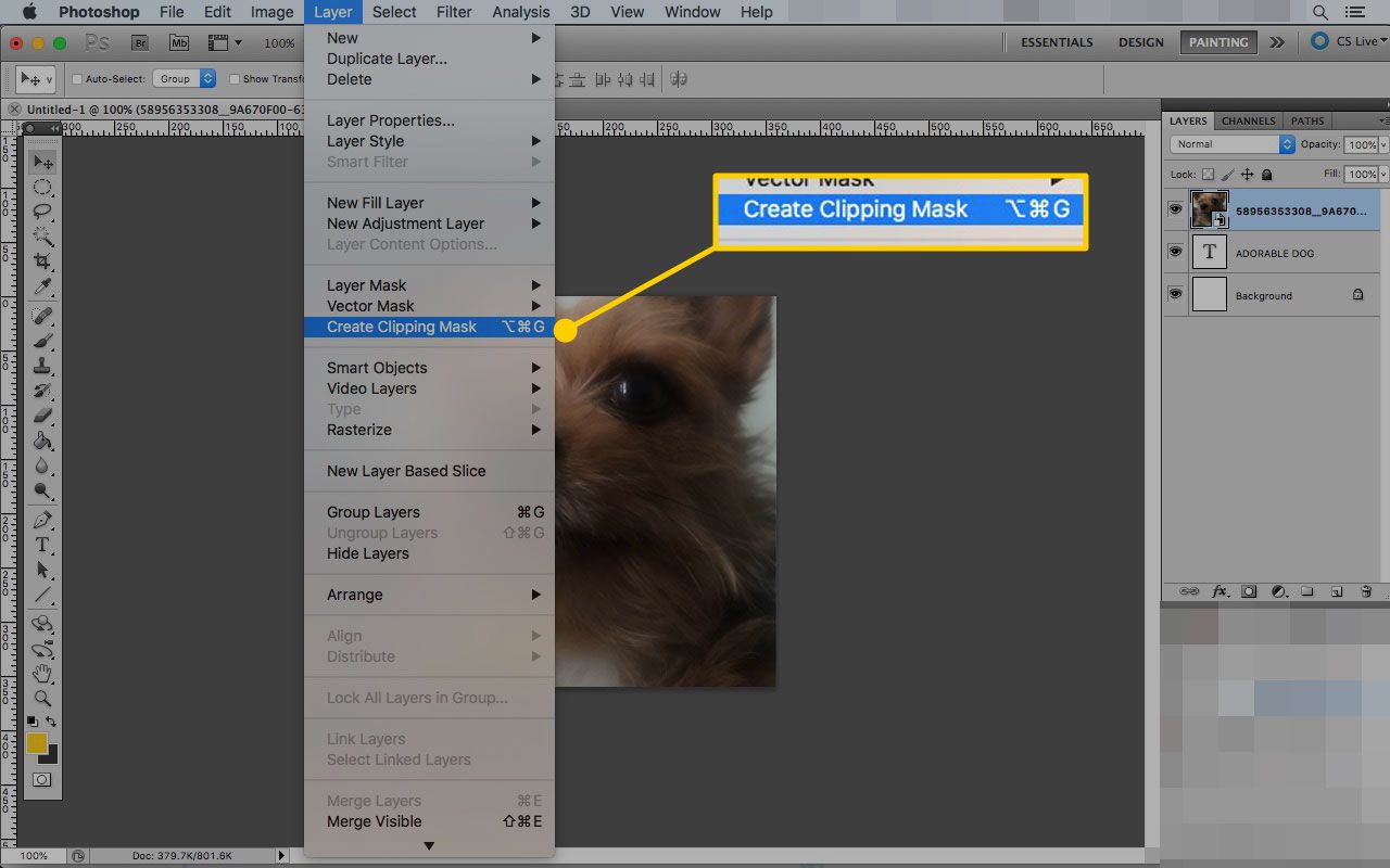 Photoshop op een Mac met de optie Knipmasker maken gemarkeerd