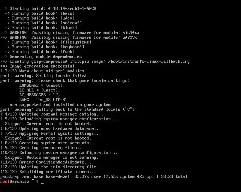 De Arch Linux-basisinstallatie is voltooid.