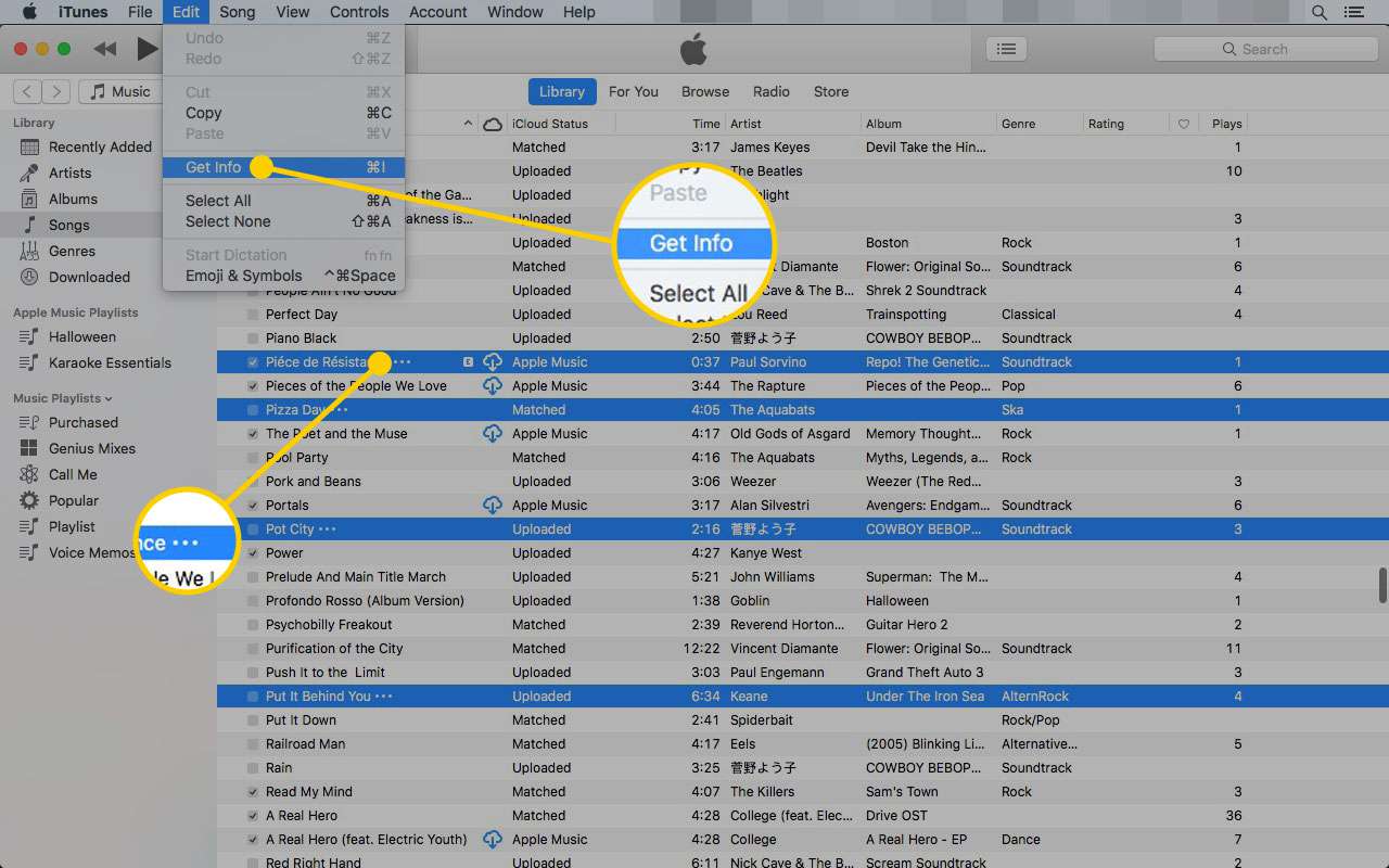 iTunes op een Mac met de optie Info ophalen onder het menu Bewerken gemarkeerd