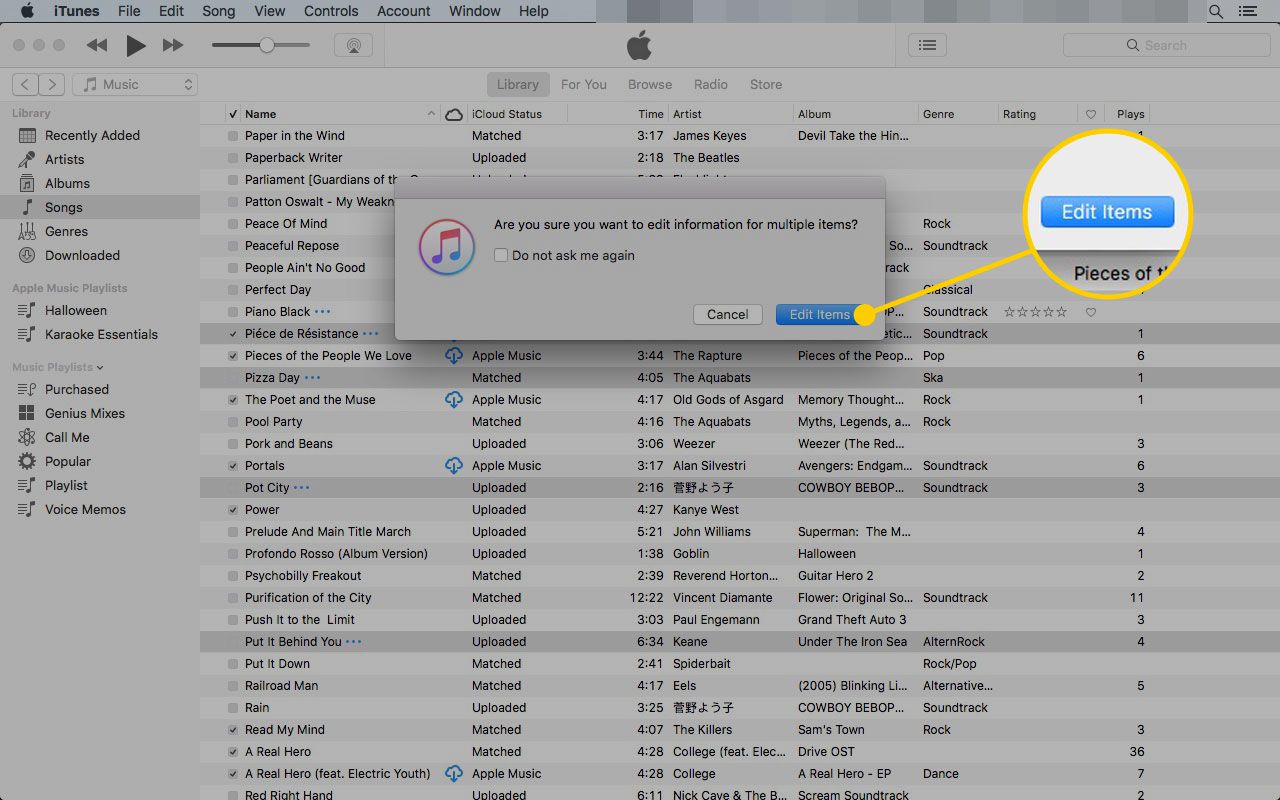 Een dialoogvenster in iTunes met de knop Items bewerken gemarkeerd