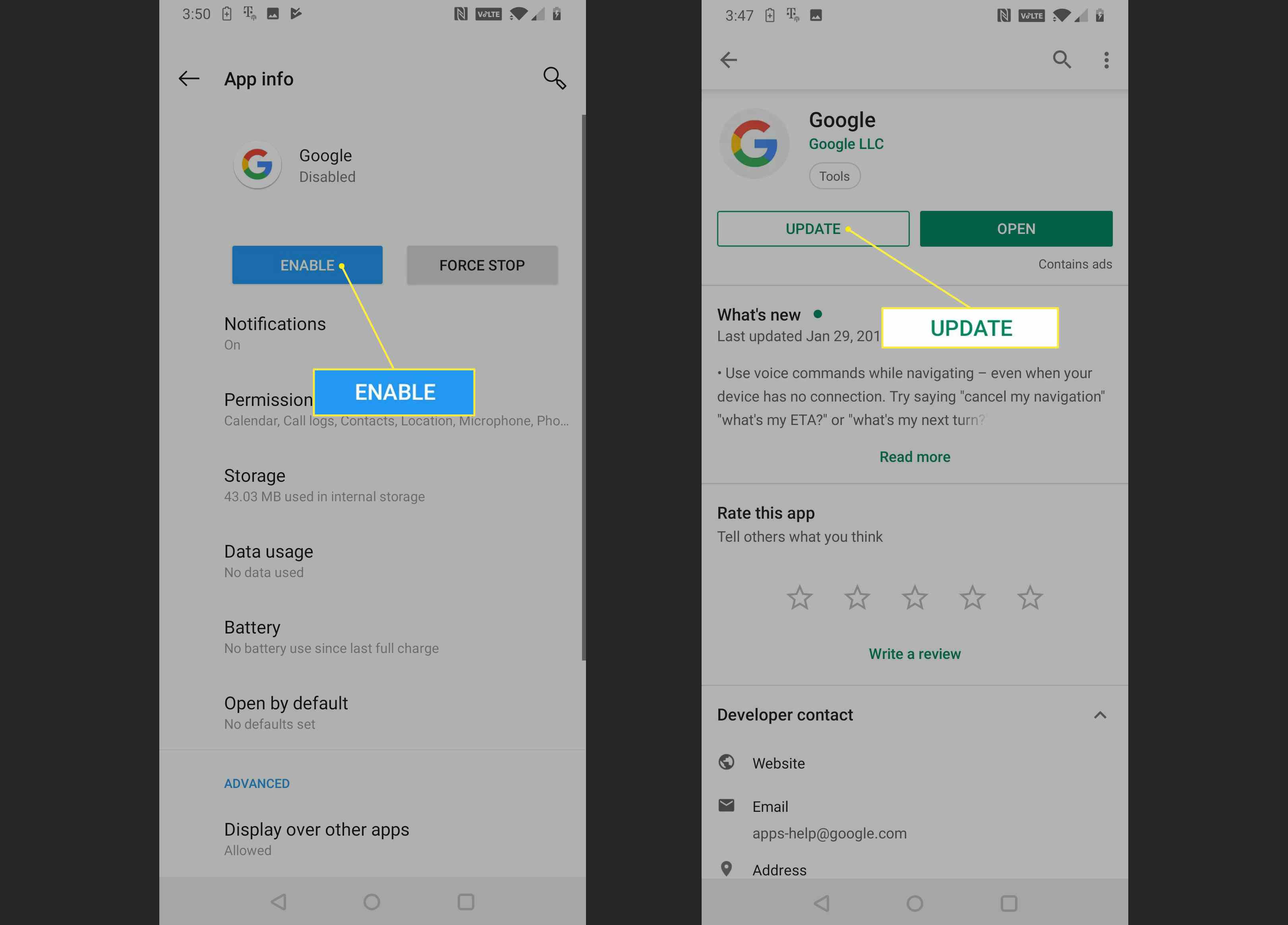 Google App-infoscherm met de knoppen Inschakelen en Update