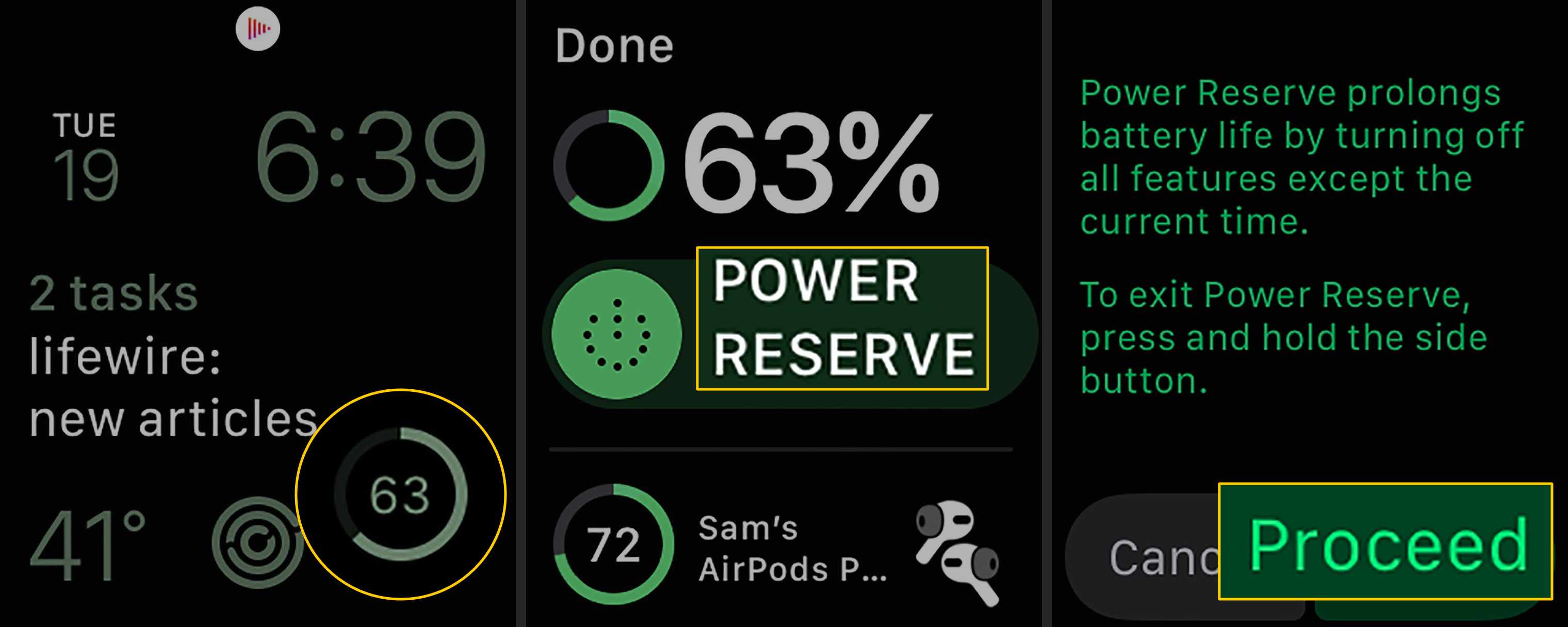 Batterij-indicator, Power Reserve-knop, Doorgaan-knop op Apple Watch