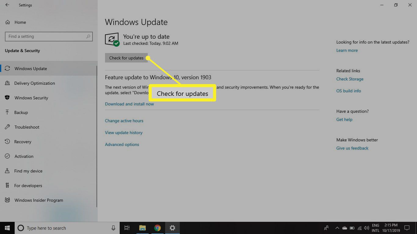 Knop Controleren op updates in Windows Update