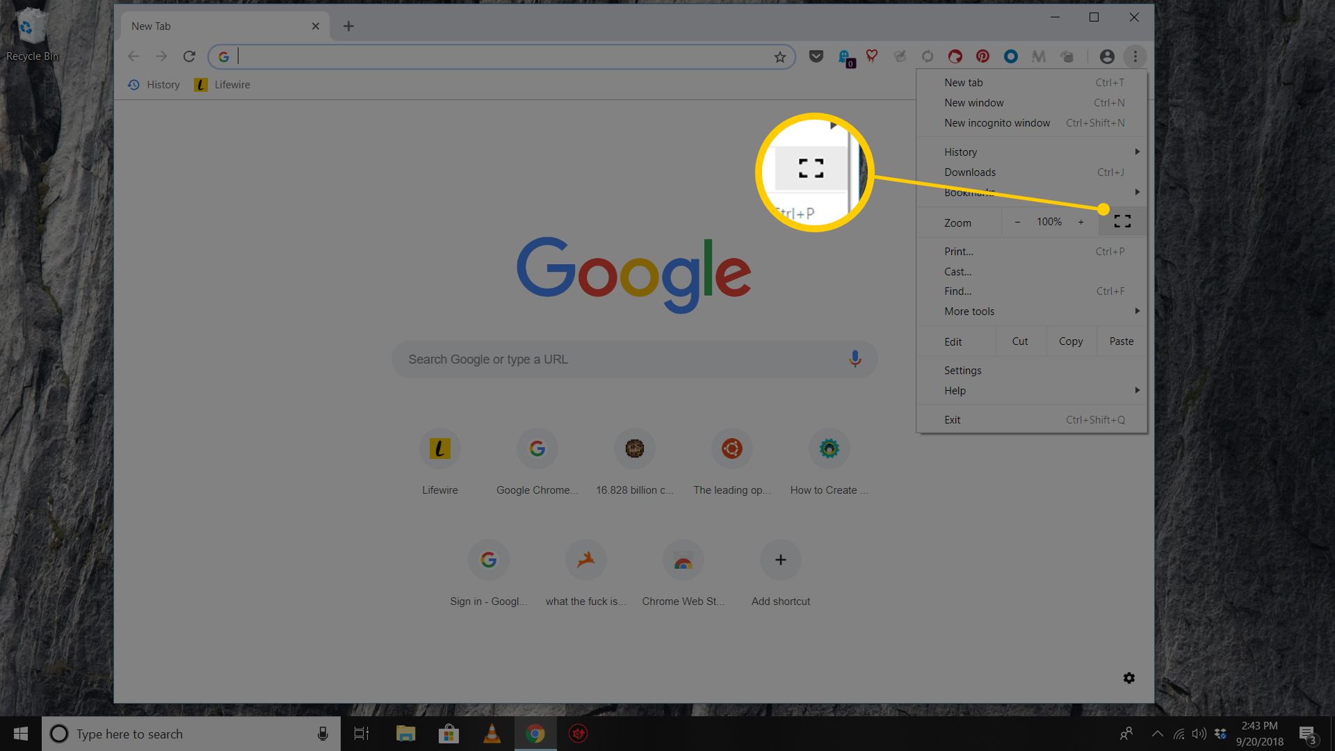 Schermafbeelding van knop op volledig scherm in Chrome-opties in Windows 10