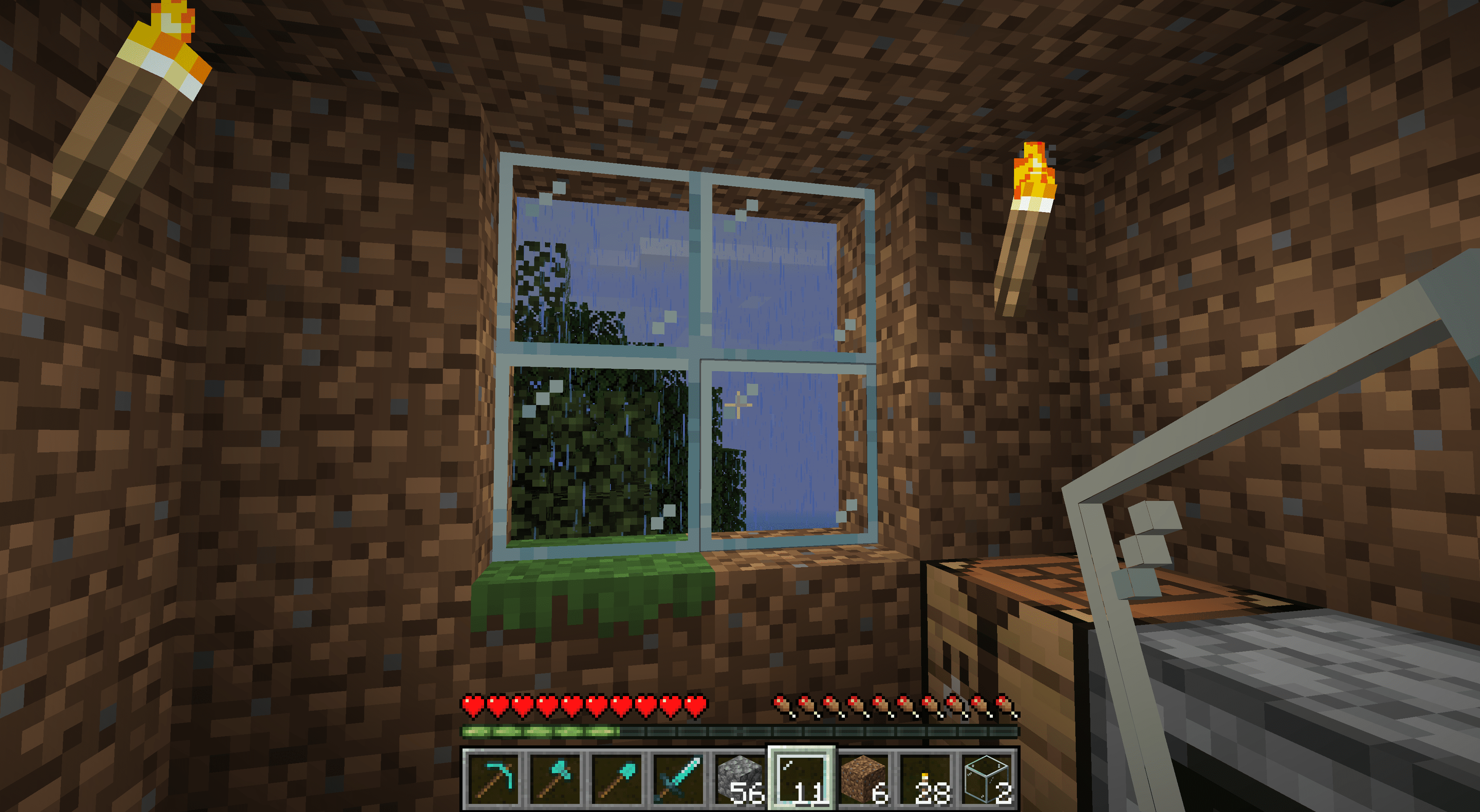 Ramen plaatsen in een vuil Minecraft-huis.