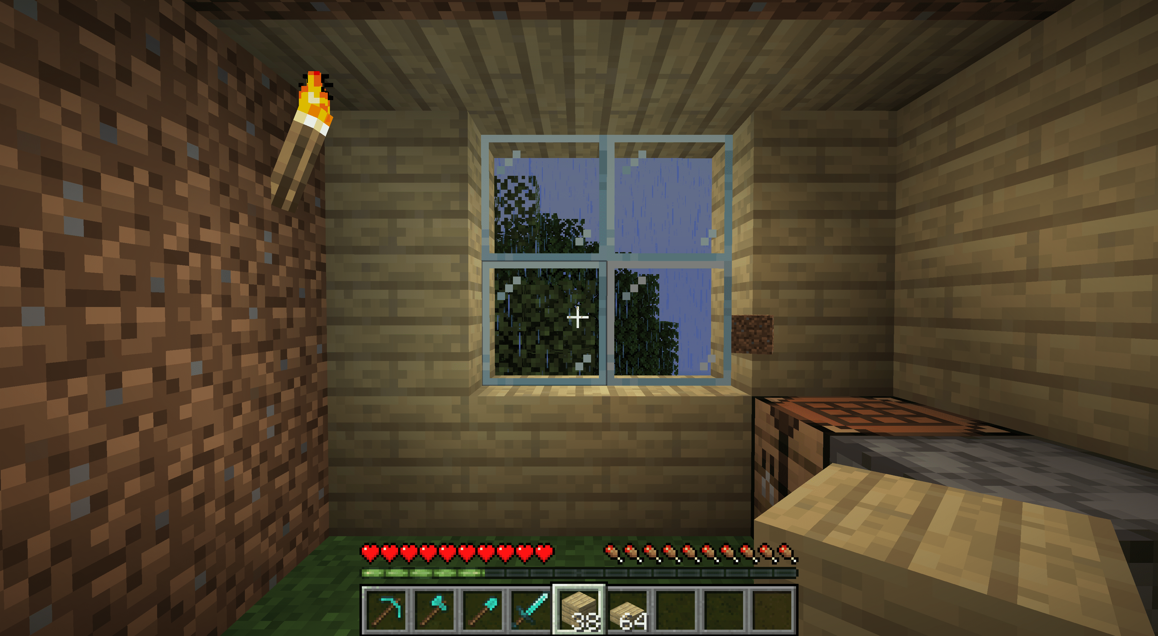 Vuile muren vervangen door hout in Minecraft.