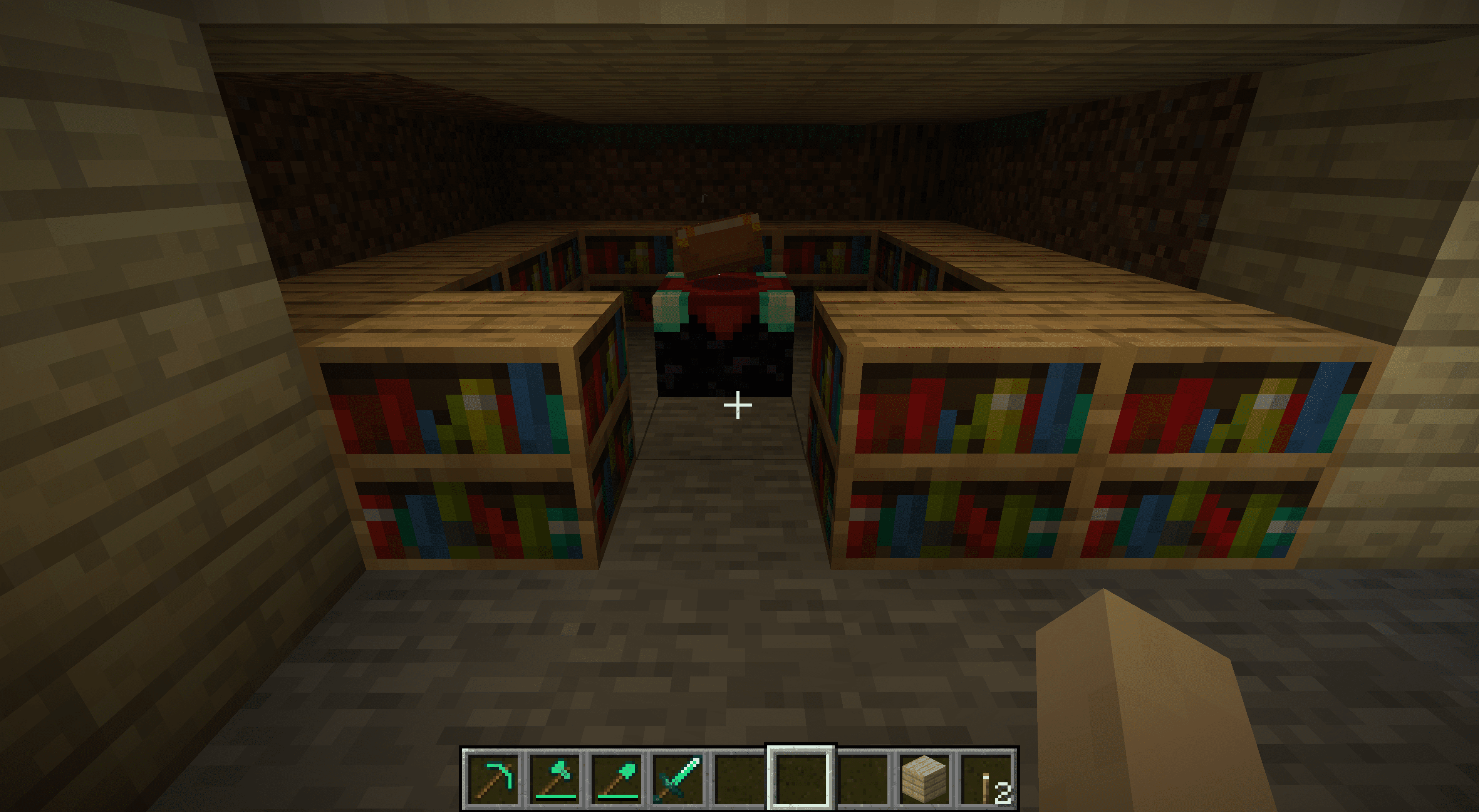 Een bibliotheek met betoverende tafel in Minecraft.
