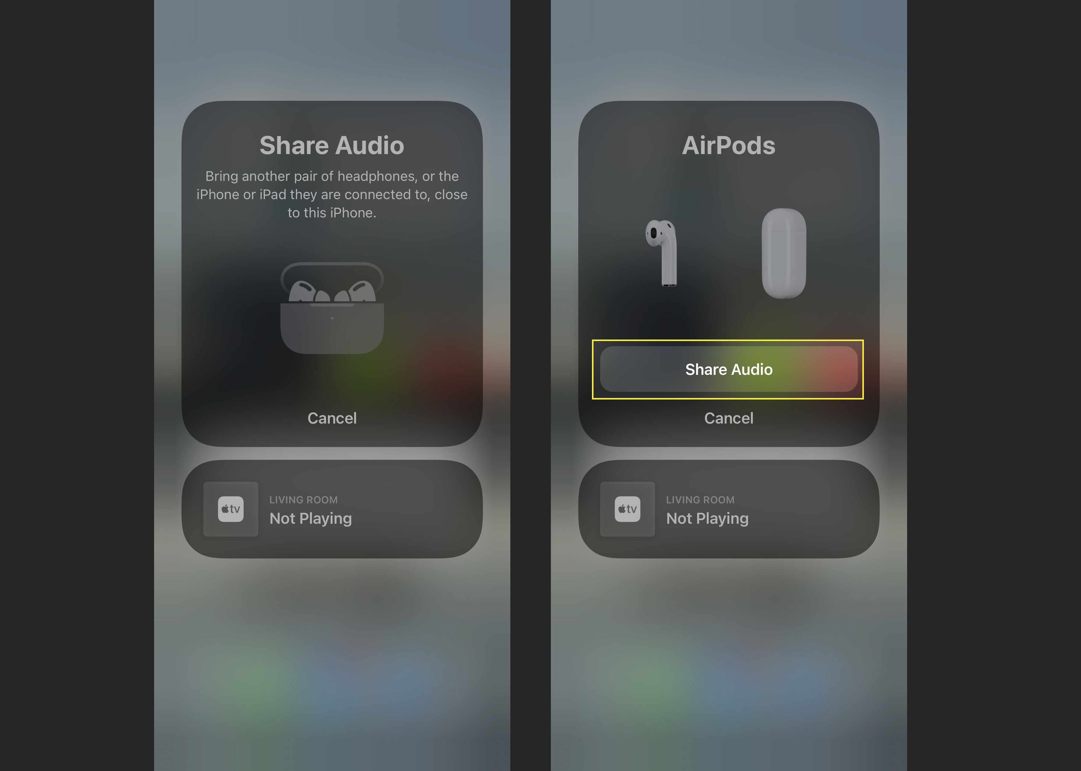 De Share Audio-knop om twee sets AirPods op één iPhone aan te sluiten.