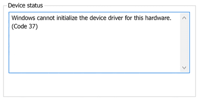Schermafbeelding van de Device Manager Code 37-fout met de tekst "Windows kan het apparaatstuurprogramma voor deze hardware niet initialiseren."