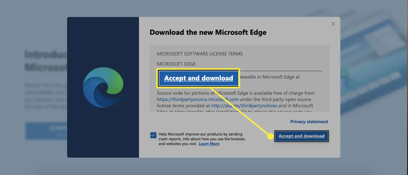 Het Edge-downloadscherm met de knop Accepteren en downloaden gemarkeerd