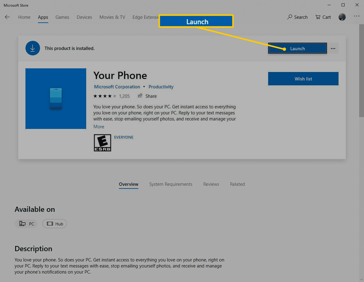 Startknop in de Microsoft Store for Your Phone-app