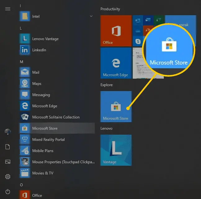 Microsoft Store-knop in het menu Start
