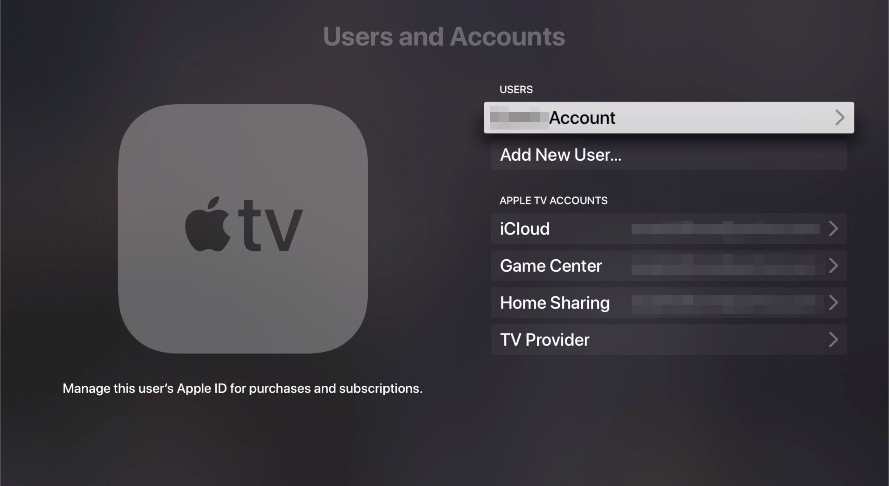Gebruikers en accounts in Apple TV-instellingen.